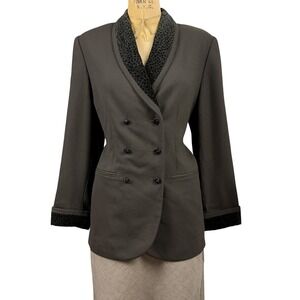 Vintage Brown Wool Blazer Leopard Velvet Shawl Collar Double Breasted Jacket 12